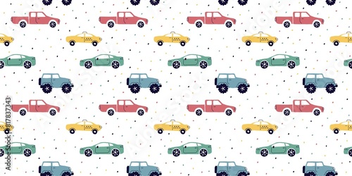 Seamless pattern with hand drawn cars, signs, dotss. Cartoon background for print, children, paper, print . trending art modern illustration photo