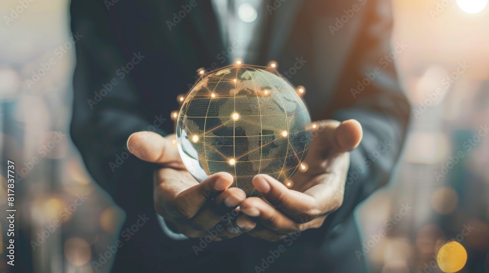 Fototapeta premium Businessman holding global network connection on social networking and customer data analytics, Business strategy and smart intelligence, digital