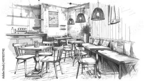 Collection of monochrome drawings of cafe interiors white