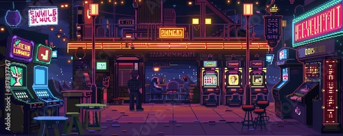 A dark and seedy bar, with a few people sitting at the bar and a few more playing video games. The bar is lit by neon lights and there is a jukebox in the corner.