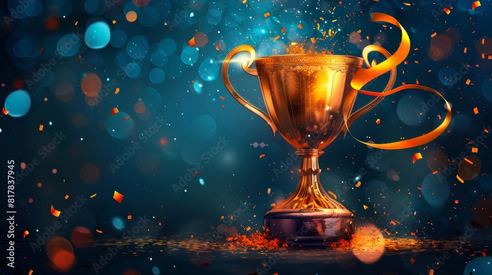 Golden trophy cup with swirling ribbons and sparkling confetti in a celebratory atmosphere