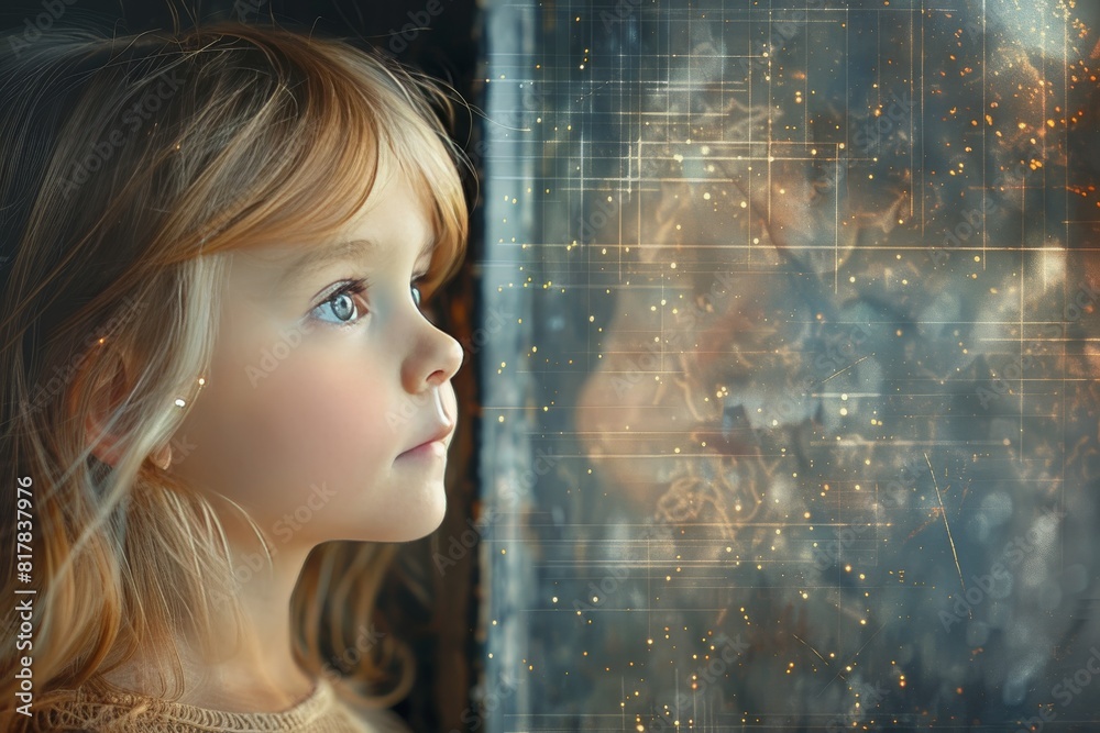 Side view of cute little girl and space, childhood memories, copy space Side view of cute little girl and space, childhood memories, copy space