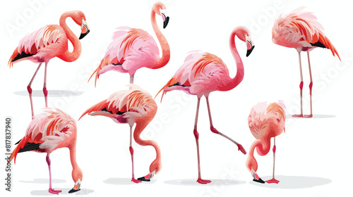 Collection of pink flamingo in various poses isolated © Asad