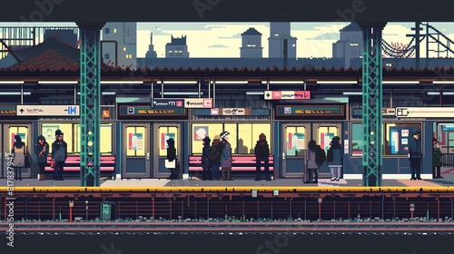 A pixel art illustration of a subway station