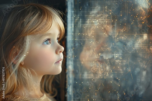 Side view of cute little girl and space, childhood memories, copy space