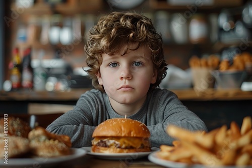 Sad boy sitting at the table with a cheeseburger  unhealthy diet  childhood obesity  fast food
