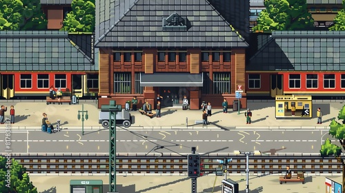 A pixel art image of a train station. The station is made of red brick with a green roof. There are people waiting on the platform for the train.