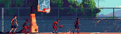 A pixel art animation of a basketball game. Four players are playing on a court. © sukrit