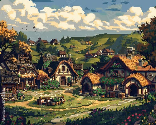 A beautiful pixel art image of a small village