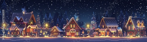 A beautiful winter scene of a small town with snow-covered houses and trees, and a starry night sky