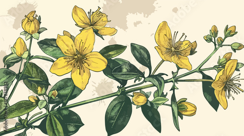 Colorful botanical drawing of style Johns wort in bloom.