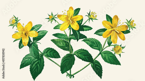 Colorful botanical drawing of style Johns wort in bloom. photo