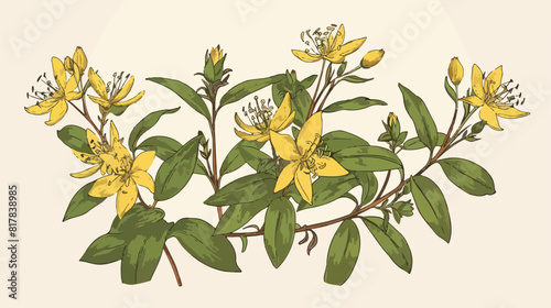 Colorful botanical drawing of style Johns wort in bloom. photo