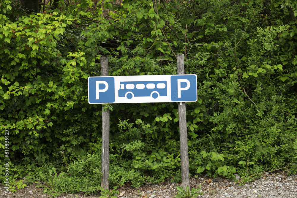 Parking area for buses or tourist vehicles in the forest. Bus parking sign Parking area for buses or tourist vehicles in the forest. Bus parking sign