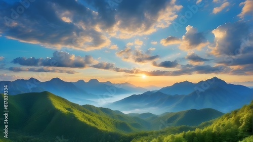 Gorgeous morning light dawn over the verdant mountains  accompanied by fluffy clouds against a vivid blue sky. Concept of nature freshness