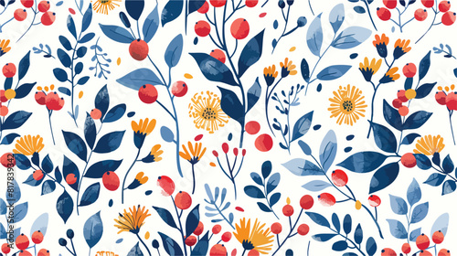 Colorful floral seamless pattern with berries leaves