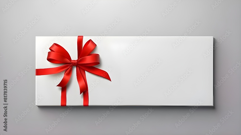 Isolated on a grey background with shadow, a minimal conceptual present signboard or a blank white gift voucher with a red ribbon bow Isolated on a grey background with shadow, a minimal conceptual present signboard or a blank white gift voucher with a red ribbon bow