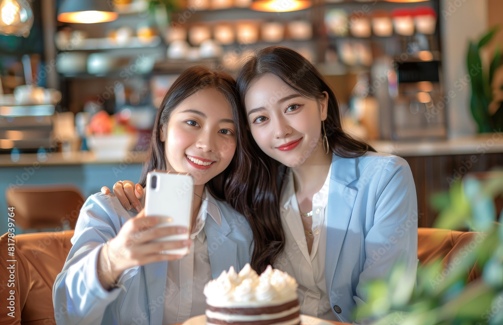 Two beautiful young Asian women sitting at an outdoor cafe table, taking selfie photos with their mobile phones and smiling while eating cake