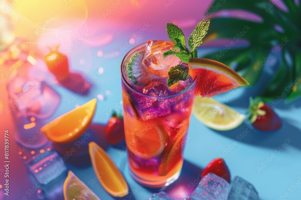 Vibrant Cocktail with Citrus Garnish in Neon Lights Vibrant Cocktail with Citrus Garnish in Neon Lights