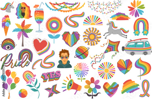celebration pride month icons objects elements, rainbow LGBT design set