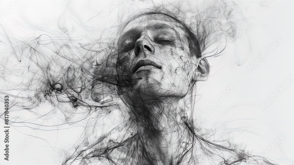 Abstract depiction of a person's face with swirling lines and smoke effects. Digital art portrait for creative design and print. Abstract depiction of a person's face with swirling lines and smoke effects. Digital art portrait for creative design and print.