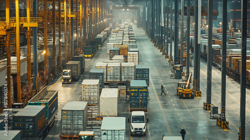 In a bustling logistics hub, forklifts and robots move goods in a massive warehouse. Outside, trucks and ships transport containers, while drones monitor the flow. Real-time tracking and efficient wor