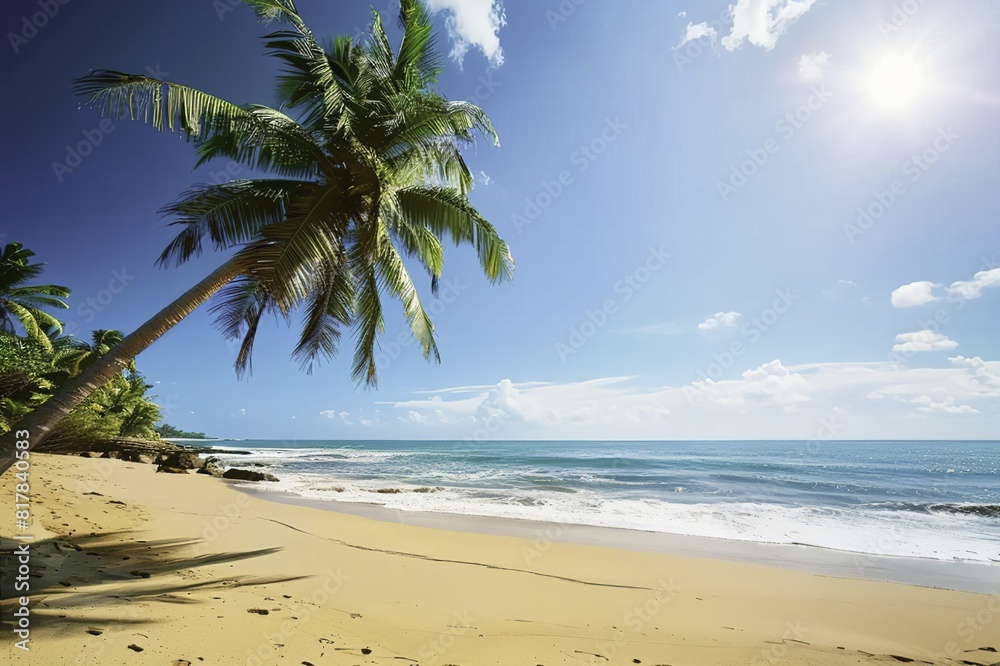 Fototapeta premium Beautiful Beach with Palm Trees and Clear Blue Sky