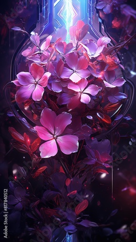 Vibrant digital artwork featuring glowing pink flowers with a futuristic, neon-lit background.