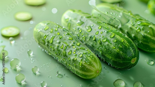 Close-up of three cucumbers with water droplets on a green surface