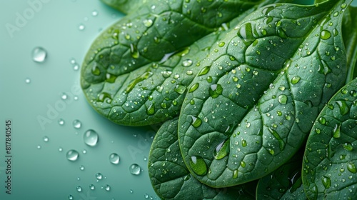 Spinachs in water droplets on a green background photo