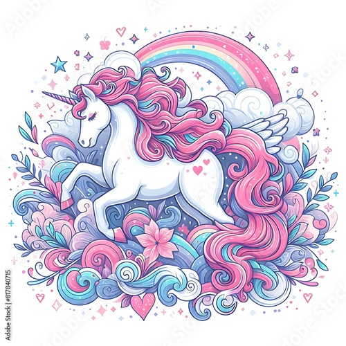 A unicorn with pink mane and rainbow realistic lively meaning harmony attractive.