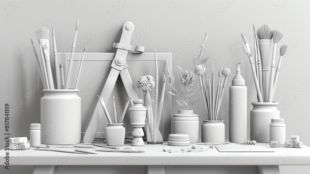 Art supplies flat design side view creative 3D render black and white Art supplies flat design side view creative 3D render black and white