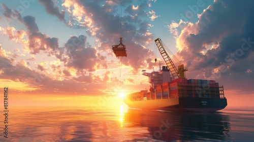 Cargo freight ship with crane to shore lift up loading container box in sunrise sky. import and export logistic and transportation concept. photo