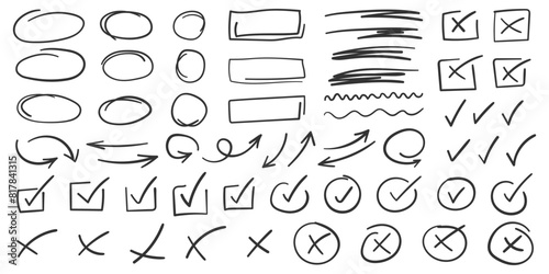 Check mark icon in hand drawn style. Handmade doodle vector illustration on isolated background. Cross, circles, arrow mark sign business concept.