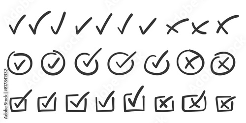 Check mark icon in hand drawn style. Handmade doodle vector illustration on isolated background. Cross, circles, arrow mark sign business concept.