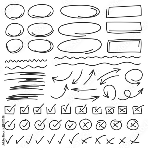 Check mark icon in hand drawn style. Handmade doodle vector illustration on isolated background. Cross, circles, arrow mark sign business concept.