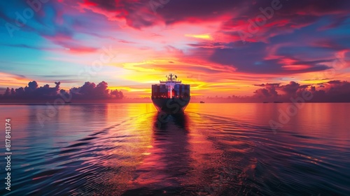 Cargo ship sailing away against colorful sunset photo