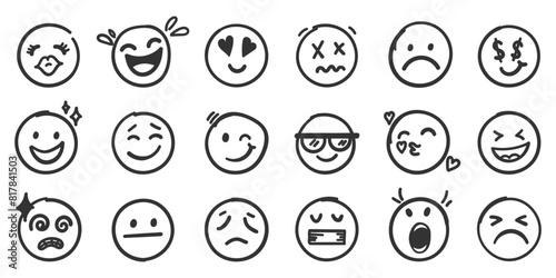 Emojis faces icon in hand drawn style. Doddle emoticons vector illustration on isolated background. Happy and sad face sign business concept.