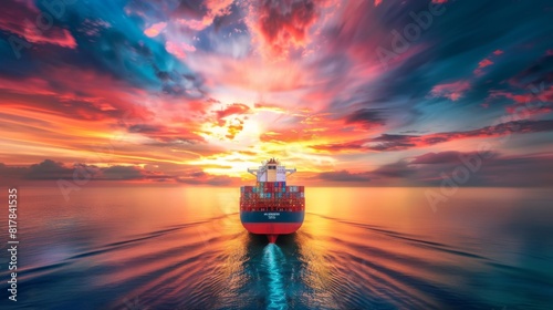Cargo ship sailing away against colorful sunset photo