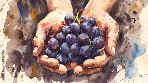 Vibrant Watercolor Sketch: Hands Holding Fresh Grapes in Rural Life photo