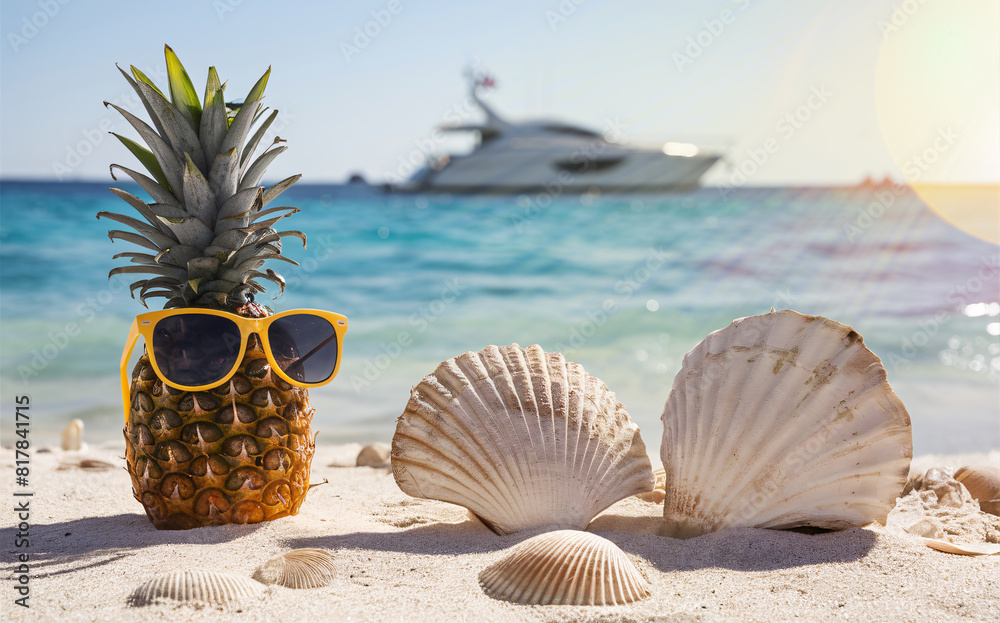 Obraz premium Summer holiday by the sea, stylised.Pineapple with sunglasses.Concept - summer holiday by the sea