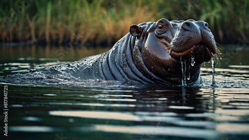 hippos are swimming in the lake