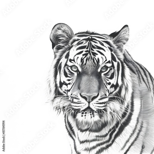 Magnificent Tiger Drawing on White Background: Realistic and Detailed Wildlife Art