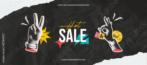 Retro sale banner with halftone collage hand gestures and abstract grunge shape elements. Torn notebook paper scraps. Vector design concept of UI and UX website.