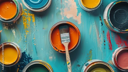 Overhead view of a renovation project with various painting supplies and tools laid out, a paintbrush on an open paint can, offering significant copy space for promotional content 8K , high-resolution