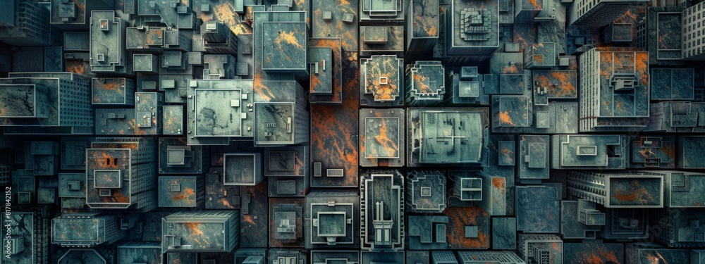 Aerial view of city blocks creating an abstract pattern.