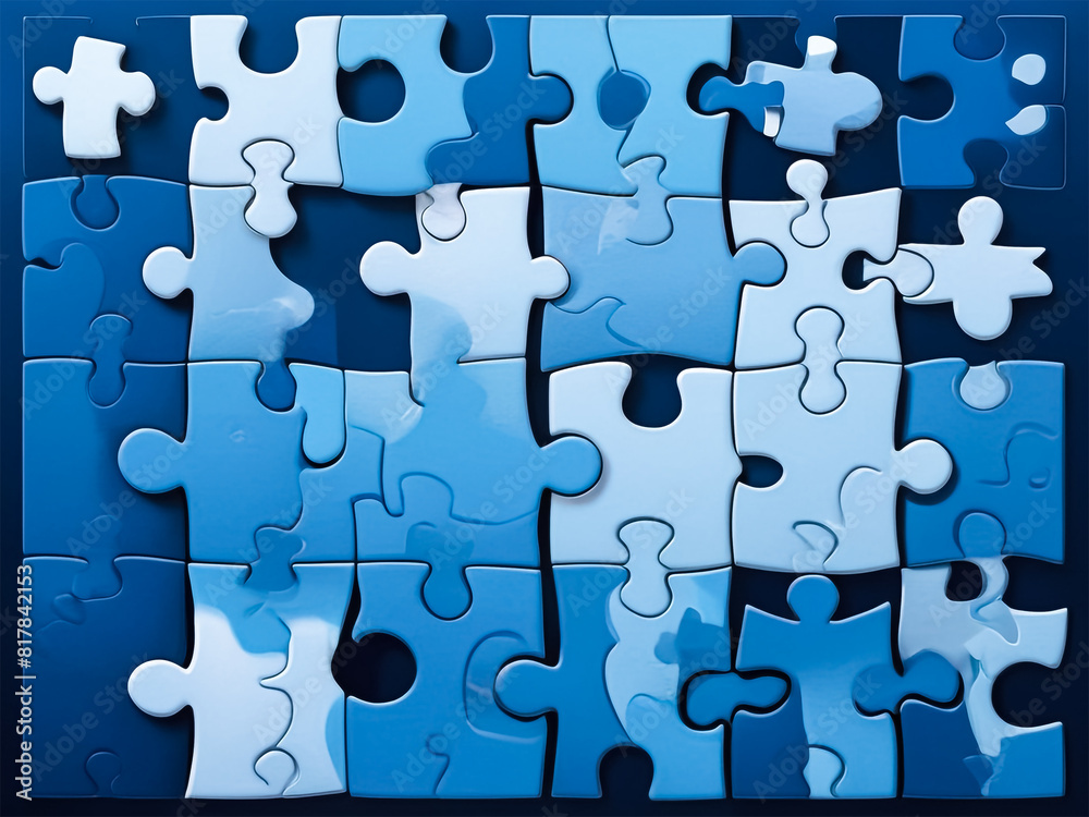 Blue colored 3D-rendered puzzle pieces scattered on a vibrant purple background Blue colored 3D-rendered puzzle pieces scattered on a vibrant purple background