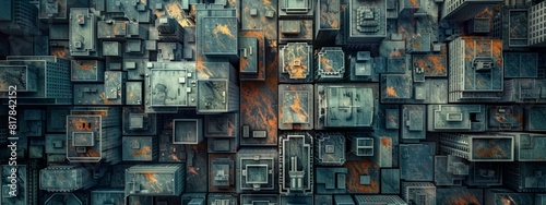 Aerial view of city blocks creating an abstract pattern.