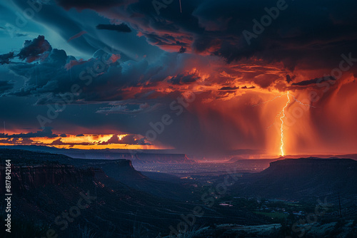 Capture the dramatic beauty of a thunderstorm, with lightning illuminating the sky and rain pouring down in sheets