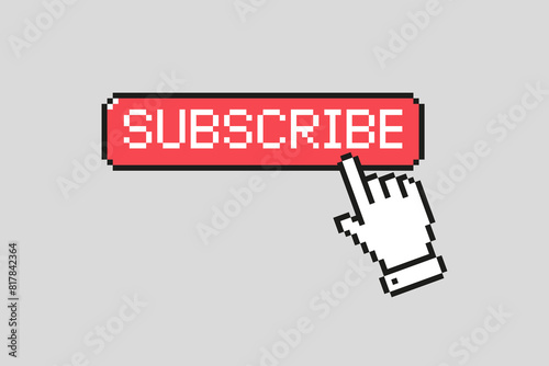 Pixel art subscribe button in 8-bit retro style, vector illustration on isolated background.